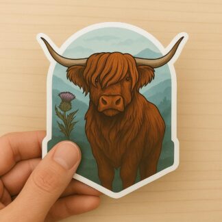 Highland Cow Vinyl Sticker – Scottish Landscape Art Decal