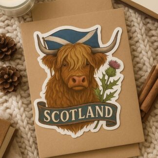 Highland Cow Scotland Sticker – Saltire or Lion Rampant Flag, Scottish Thistle Decal, Highland Coo